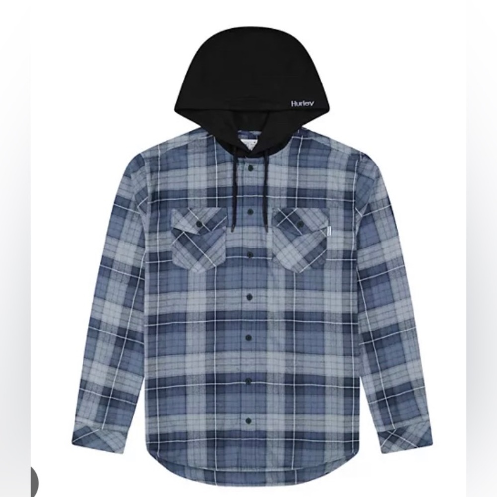 Hurley Plaid Flannel Shirt with hood. Men’s size small. Front chest pockets.